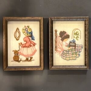 Vintage Crewel Embroidered Needlework Framed Art Set of 2 Girl Wall Decor